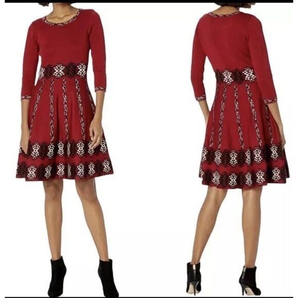 Taylor sz L Jacquard Sweater Dress Fit & Flare CUTE Red Floral Holiday NWT Knit - Picture 1 of 9